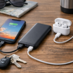 Current image: Fast charging power bank plugged in to a cell phone and earpods laying on a desk